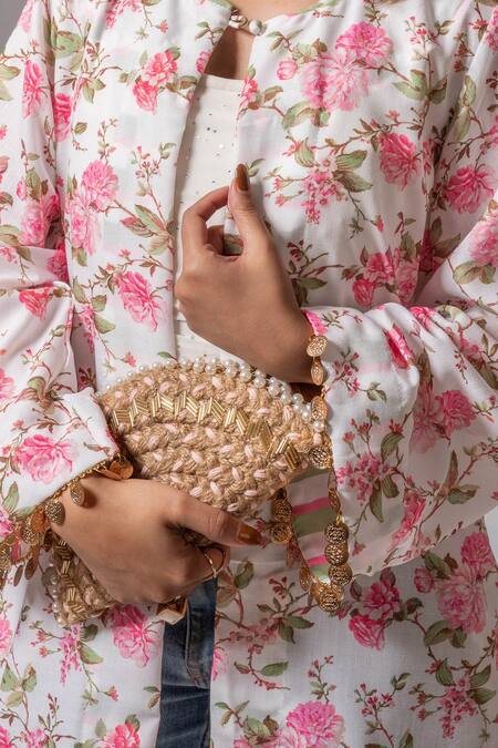 Shop_Maison Shefali_White Linen Tassels Open Neck Floral Print Coin Jacket 