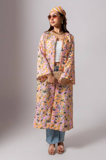 Maison Shefali_Pink Linen Tassels Open Neck Floral Vine Print Long Jacket _Online_at_Aza_Fashions
