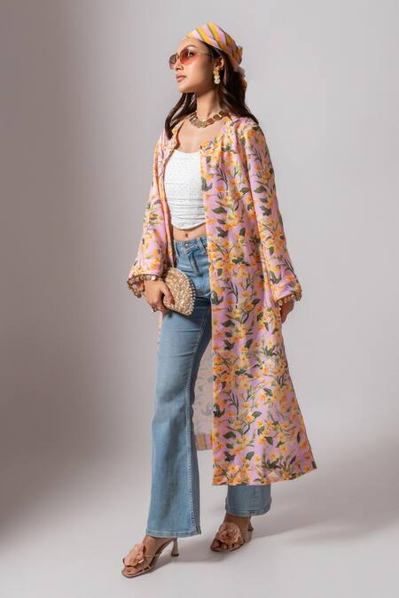 Buy_Maison Shefali_Pink Linen Tassels Open Neck Floral Vine Print Long Jacket _Online_at_Aza_Fashions
