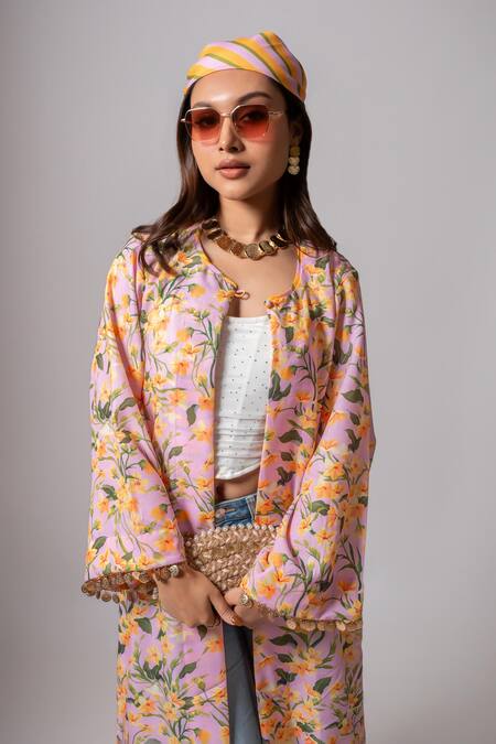 Shop_Maison Shefali_Pink Linen Tassels Open Neck Floral Vine Print Long Jacket _Online_at_Aza_Fashions