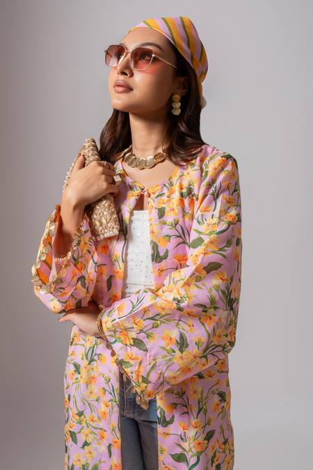 Maison Shefali_Pink Linen Tassels Open Neck Floral Vine Print Long Jacket _at_Aza_Fashions