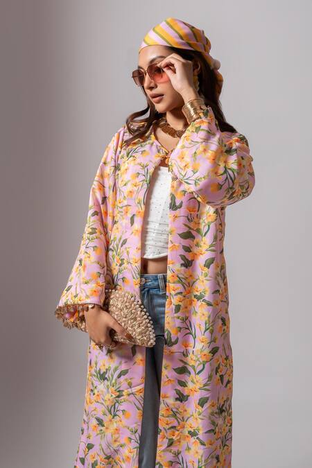Buy_Maison Shefali_Pink Linen Tassels Open Neck Floral Vine Print Long Jacket 