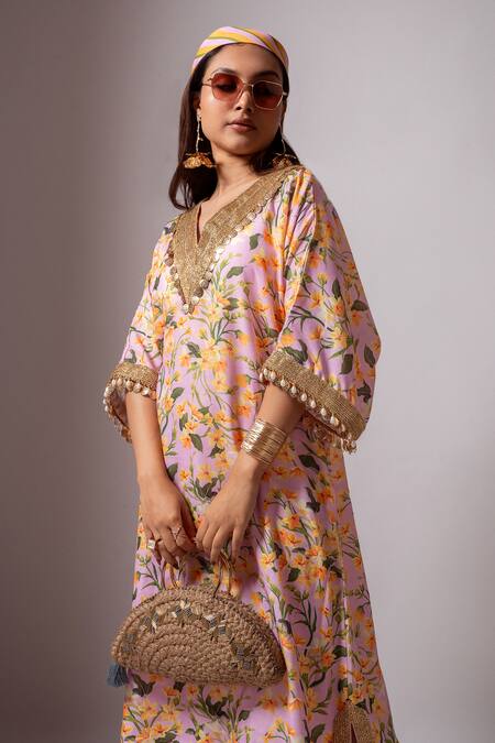 Maison Shefali_Yellow Linen Slub Floral, Lace, Coin , Pearl V Print Kaftan Dress _Online_at_Aza_Fashions