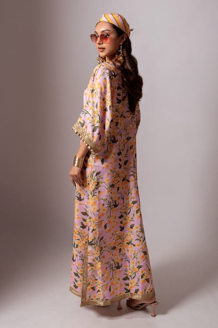 Shop_Maison Shefali_Yellow Linen Slub Floral, Lace, Coin , Pearl V Print Kaftan Dress _at_Aza_Fashions