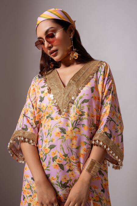 Buy_Maison Shefali_Yellow Linen Slub Floral, Lace, Coin , Pearl V Print Kaftan Dress _Online_at_Aza_Fashions