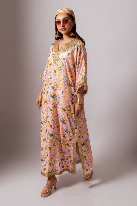 Shop_Maison Shefali_Yellow Linen Slub Floral, Lace, Coin , Pearl V Print Kaftan Dress _Online_at_Aza_Fashions