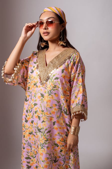 Maison Shefali_Yellow Linen Slub Floral, Lace, Coin , Pearl V Print Kaftan Dress _at_Aza_Fashions