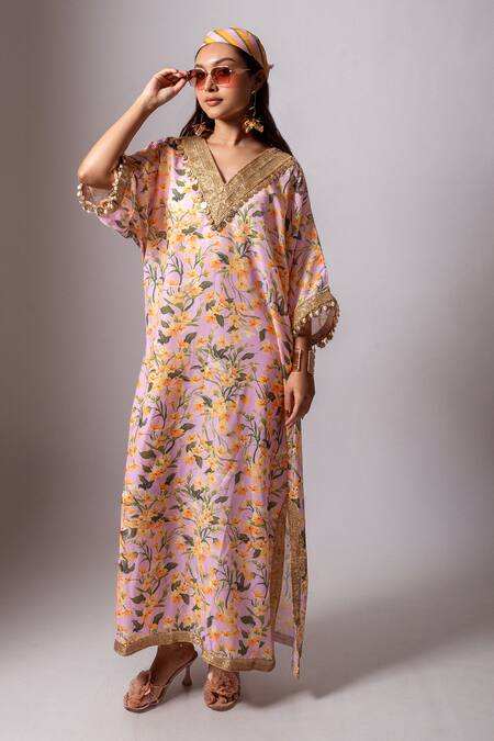 Buy_Maison Shefali_Yellow Linen Slub Floral, Lace, Coin , Pearl V Print Kaftan Dress 