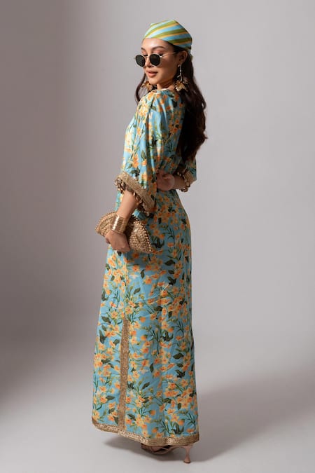 Maison Shefali Blue Linen Slub Floral, Lace, Coin Tassel, Pearl Print Embroidered Kaftan Dress Online at Aza Fashions Maison Shefali_Blue Linen Slub Floral, Lace, Coin Tassel, Pearl Print Embroidered Kaftan Dress _Online_at_Aza_Fashions