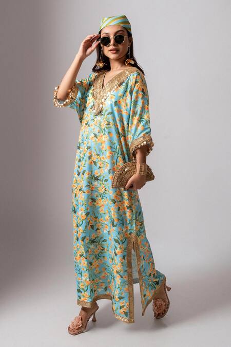 Buy Maison Shefali Blue Linen Slub Floral, Lace, Coin Tassel, Pearl Print Embroidered Kaftan Dress Online at Aza Fashions Buy_Maison Shefali_Blue Linen Slub Floral, Lace, Coin Tassel, Pearl Print Embroidered Kaftan Dress _Online_at_Aza_Fashions