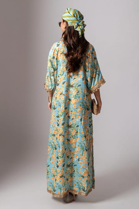 Shop Maison Shefali Blue Linen Slub Floral, Lace, Coin Tassel, Pearl Print Embroidered Kaftan Dress at Aza Fashions Shop_Maison Shefali_Blue Linen Slub Floral, Lace, Coin Tassel, Pearl Print Embroidered Kaftan Dress _at_Aza_Fashions