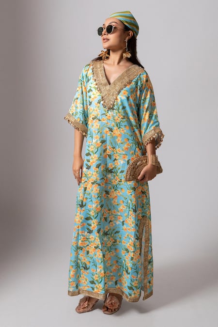 Shop Maison Shefali Blue Linen Slub Floral, Lace, Coin Tassel, Pearl Print Embroidered Kaftan Dress Online at Aza Fashions Shop_Maison Shefali_Blue Linen Slub Floral, Lace, Coin Tassel, Pearl Print Embroidered Kaftan Dress _Online_at_Aza_Fashions