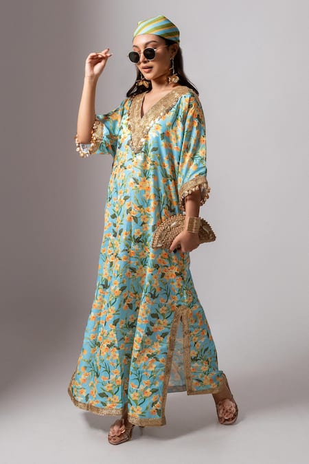 Maison Shefali Blue Linen Slub Floral, Lace, Coin Tassel, Pearl Print Embroidered Kaftan Dress at Aza Fashions Maison Shefali_Blue Linen Slub Floral, Lace, Coin Tassel, Pearl Print Embroidered Kaftan Dress _at_Aza_Fashions