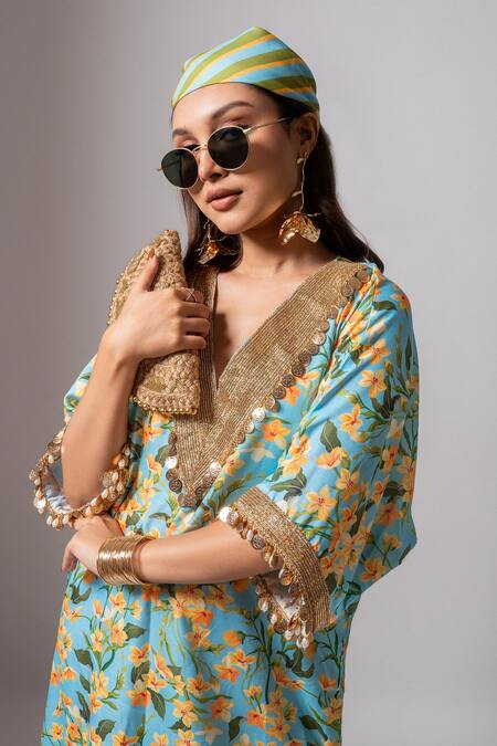 Buy Maison Shefali Blue Linen Slub Floral, Lace, Coin Tassel, Pearl Print Embroidered Kaftan Dress Buy_Maison Shefali_Blue Linen Slub Floral, Lace, Coin Tassel, Pearl Print Embroidered Kaftan Dress