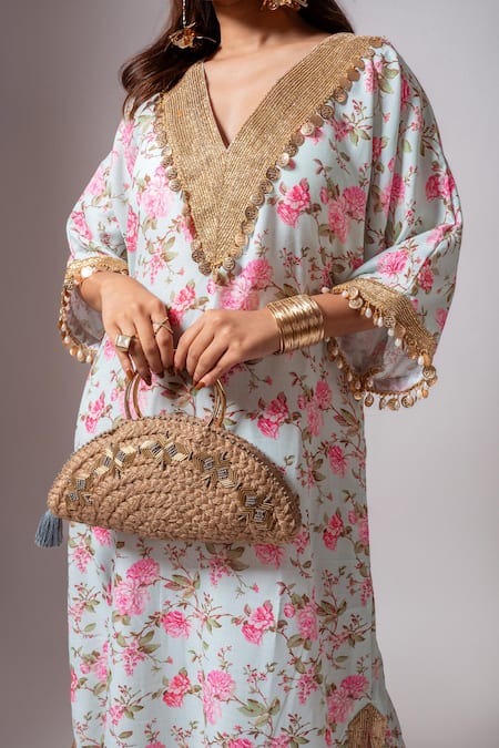 Maison Shefali Aqua Linen Tassels V-neck Floral Vine Print Green Kaftan Dress Online at Aza Fashions Maison Shefali_Aqua Linen Tassels V-neck Floral Vine Print Green Kaftan Dress _Online_at_Aza_Fashions