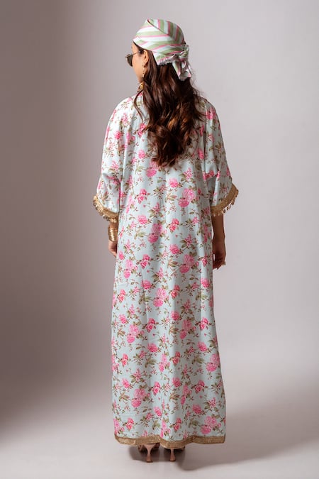 Shop Maison Shefali Aqua Linen Tassels V-neck Floral Vine Print Green Kaftan Dress at Aza Fashions Shop_Maison Shefali_Aqua Linen Tassels V-neck Floral Vine Print Green Kaftan Dress _at_Aza_Fashions