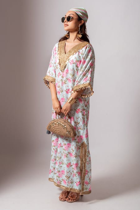 Buy Maison Shefali Aqua Linen Tassels V-neck Floral Vine Print Green Kaftan Dress Online at Aza Fashions Buy_Maison Shefali_Aqua Linen Tassels V-neck Floral Vine Print Green Kaftan Dress _Online_at_Aza_Fashions