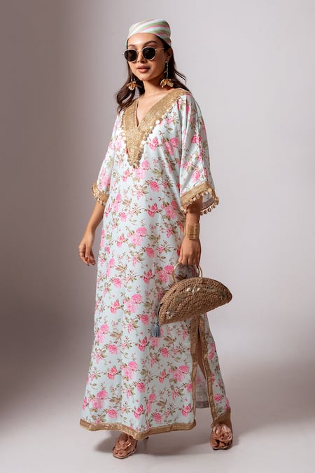 Shop Maison Shefali Aqua Linen Tassels V-neck Floral Vine Print Green Kaftan Dress Online at Aza Fashions Shop_Maison Shefali_Aqua Linen Tassels V-neck Floral Vine Print Green Kaftan Dress _Online_at_Aza_Fashions