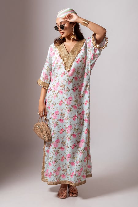 Maison Shefali Aqua Linen Tassels V-neck Floral Vine Print Green Kaftan Dress at Aza Fashions Maison Shefali_Aqua Linen Tassels V-neck Floral Vine Print Green Kaftan Dress _at_Aza_Fashions