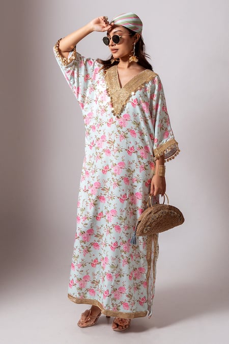 Buy Maison Shefali Aqua Linen Tassels V-neck Floral Vine Print Green Kaftan Dress Buy_Maison Shefali_Aqua Linen Tassels V-neck Floral Vine Print Green Kaftan Dress