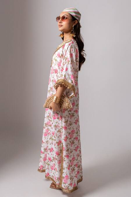 Maison Shefali_White Linen Lace, Pearls, Tassels V-neck Embroidered Floral Kaftan Dress _Online_at_Aza_Fashions