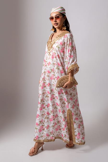 Buy_Maison Shefali_White Linen Lace, Pearls, Tassels V-neck Embroidered Floral Kaftan Dress _Online_at_Aza_Fashions