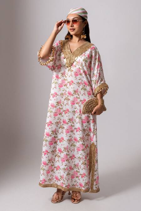 Shop_Maison Shefali_White Linen Lace, Pearls, Tassels V-neck Embroidered Floral Kaftan Dress _Online_at_Aza_Fashions