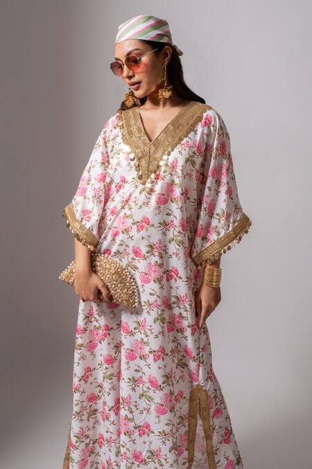Maison Shefali_White Linen Lace, Pearls, Tassels V-neck Embroidered Floral Kaftan Dress _at_Aza_Fashions