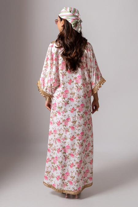 Shop_Maison Shefali_White Linen Lace, Pearls, Tassels V-neck Embroidered Floral Kaftan Dress _at_Aza_Fashions