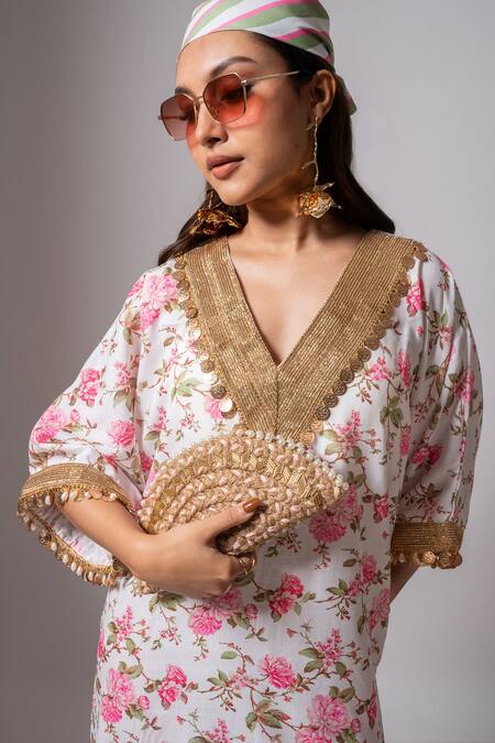 Buy_Maison Shefali_White Linen Lace, Pearls, Tassels V-neck Embroidered Floral Kaftan Dress 