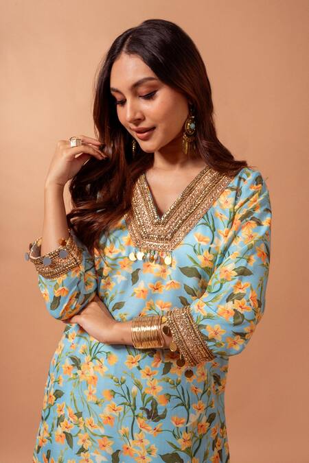 Maison Shefali Blue Linen Slub Floral, Gota, Lace, Mirror Tassels V Print Kurta With Sharara Online at Aza Fashions Maison Shefali_Blue Linen Slub Floral, Gota, Lace, Mirror Tassels V Print Kurta With Sharara _Online_at_Aza_Fashions