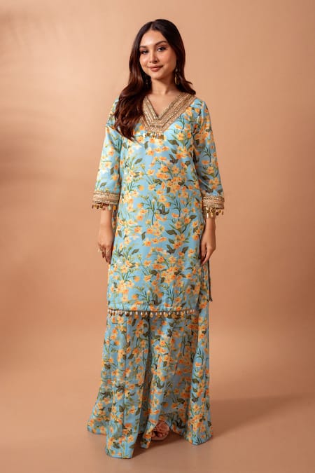Shop Maison Shefali Blue Linen Slub Floral, Gota, Lace, Mirror Tassels V Print Kurta With Sharara at Aza Fashions Shop_Maison Shefali_Blue Linen Slub Floral, Gota, Lace, Mirror Tassels V Print Kurta With Sharara _at_Aza_Fashions