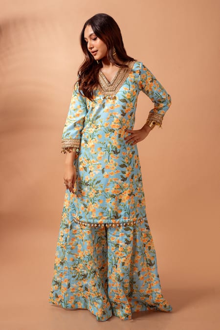 Shop Maison Shefali Blue Linen Slub Floral, Gota, Lace, Mirror Tassels V Print Kurta With Sharara Online at Aza Fashions Shop_Maison Shefali_Blue Linen Slub Floral, Gota, Lace, Mirror Tassels V Print Kurta With Sharara _Online_at_Aza_Fashions
