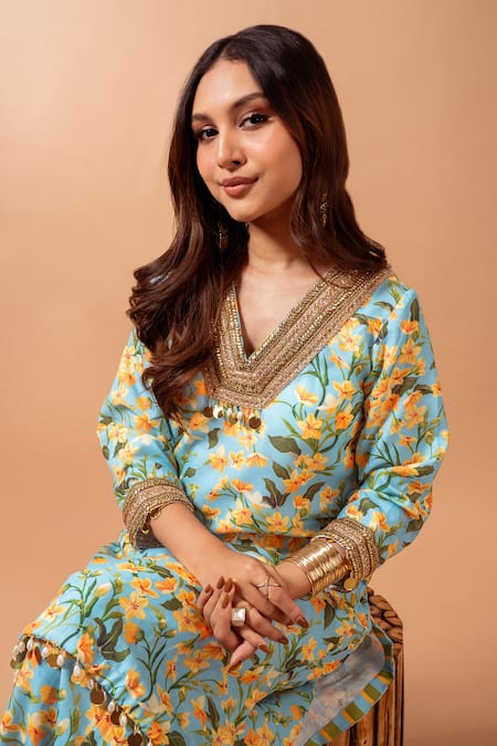 Buy Maison Shefali Blue Linen Slub Floral, Gota, Lace, Mirror Tassels V Print Kurta With Sharara Buy_Maison Shefali_Blue Linen Slub Floral, Gota, Lace, Mirror Tassels V Print Kurta With Sharara