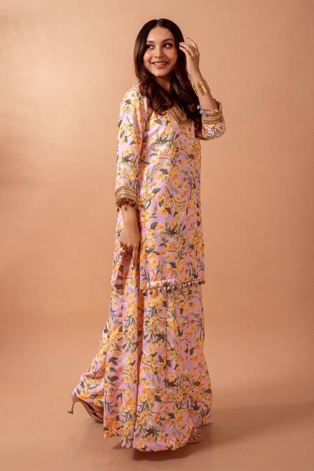 Buy Maison Shefali Pink Linen Lace, Mirrors V-neck Floral Print Kurta Set With Sharara Online at Aza Fashions Buy_Maison Shefali_Pink Linen Lace, Mirrors V-neck Floral Print Kurta Set With Sharara _Online_at_Aza_Fashions