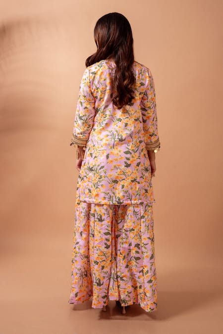 Shop Maison Shefali Pink Linen Lace, Mirrors V-neck Floral Print Kurta Set With Sharara at Aza Fashions Shop_Maison Shefali_Pink Linen Lace, Mirrors V-neck Floral Print Kurta Set With Sharara _at_Aza_Fashions