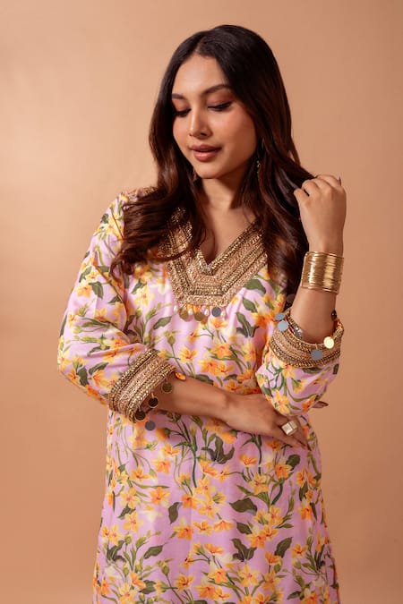Shop Maison Shefali Pink Linen Lace, Mirrors V-neck Floral Print Kurta Set With Sharara Online at Aza Fashions Shop_Maison Shefali_Pink Linen Lace, Mirrors V-neck Floral Print Kurta Set With Sharara _Online_at_Aza_Fashions