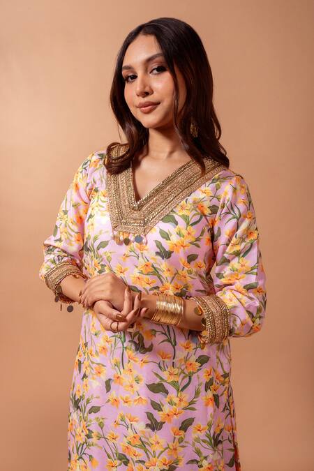 Buy Maison Shefali Pink Linen Lace, Mirrors V-neck Floral Print Kurta Set With Sharara Buy_Maison Shefali_Pink Linen Lace, Mirrors V-neck Floral Print Kurta Set With Sharara