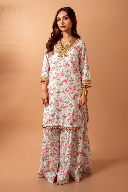 Maison Shefali_Green Linen Slub Gota, Lace, Floral Vine, Mirror Print Kurta With Sharara _Online_at_Aza_Fashions