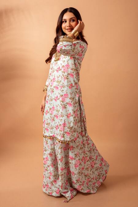 Buy_Maison Shefali_Green Linen Slub Gota, Lace, Floral Vine, Mirror Print Kurta With Sharara _Online_at_Aza_Fashions