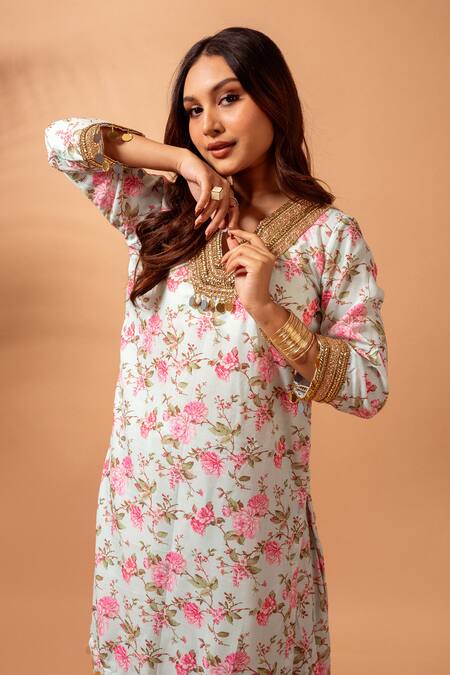 Shop_Maison Shefali_Green Linen Slub Gota, Lace, Floral Vine, Mirror Print Kurta With Sharara _Online_at_Aza_Fashions