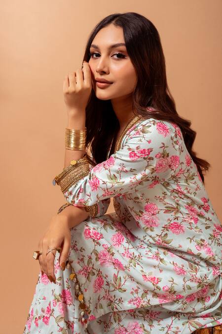 Maison Shefali_Green Linen Slub Gota, Lace, Floral Vine, Mirror Print Kurta With Sharara _at_Aza_Fashions