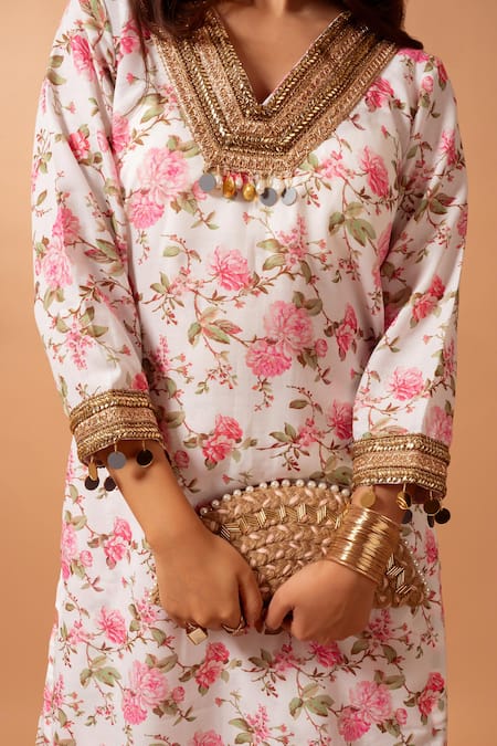 Buy Maison Shefali White Linen Slub Gota, Lace, Floral Vine, Print Straight Kurta With Sharara Buy_Maison Shefali_White Linen Slub Gota, Lace, Floral Vine, Print Straight Kurta With Sharara