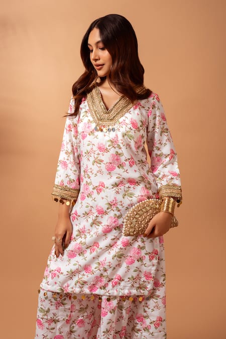 Shop Maison Shefali White Linen Slub Gota, Lace, Floral Vine, Print Straight Kurta With Sharara Shop_Maison Shefali_White Linen Slub Gota, Lace, Floral Vine, Print Straight Kurta With Sharara
