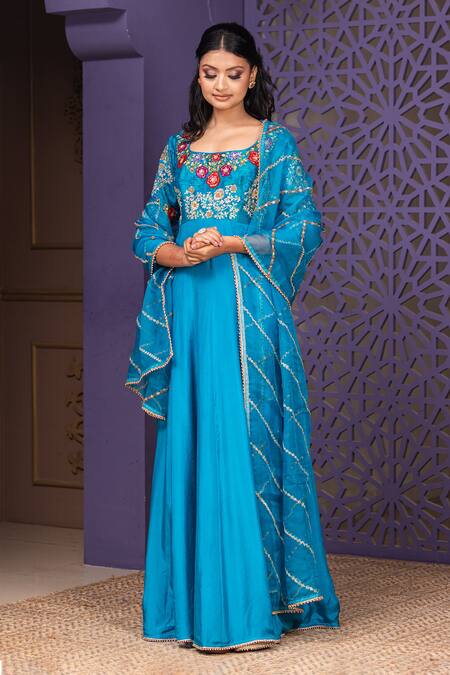Nidhi Kejriwal Blue Silk, Rayon Sequins, Embroidery Round Neck Anarkali Set With Dupatta Online at Aza Fashions Nidhi Kejriwal_Blue Silk, Rayon Sequins, Embroidery Round Neck Anarkali Set With Dupatta_Online_at_Aza_Fashions