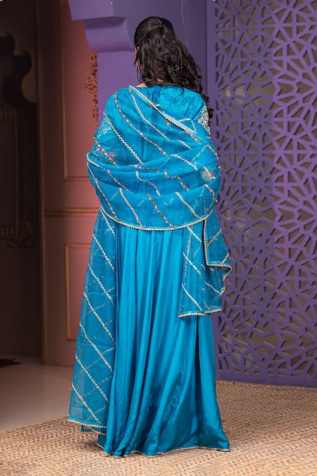 Shop Nidhi Kejriwal Blue Silk, Rayon Sequins, Embroidery Round Neck Anarkali Set With Dupatta at Aza Fashions Shop_Nidhi Kejriwal_Blue Silk, Rayon Sequins, Embroidery Round Neck Anarkali Set With Dupatta_at_Aza_Fashions