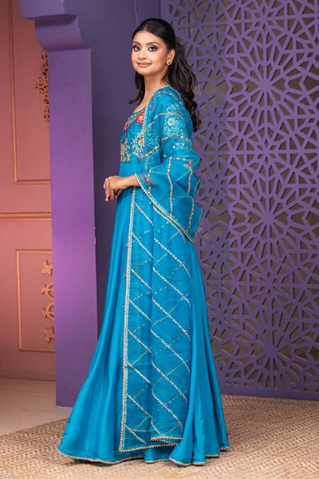 Buy Nidhi Kejriwal Blue Silk, Rayon Sequins, Embroidery Round Neck Anarkali Set With Dupatta Online at Aza Fashions Buy_Nidhi Kejriwal_Blue Silk, Rayon Sequins, Embroidery Round Neck Anarkali Set With Dupatta_Online_at_Aza_Fashions