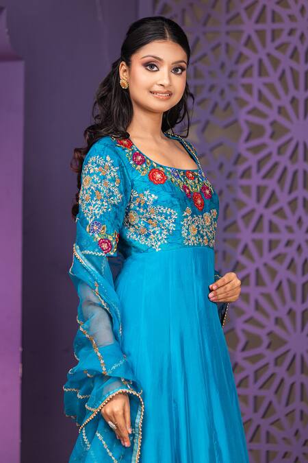 Shop Nidhi Kejriwal Blue Silk, Rayon Sequins, Embroidery Round Neck Anarkali Set With Dupatta Online at Aza Fashions Shop_Nidhi Kejriwal_Blue Silk, Rayon Sequins, Embroidery Round Neck Anarkali Set With Dupatta_Online_at_Aza_Fashions