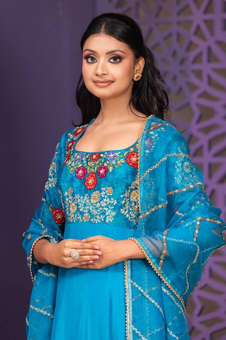 Nidhi Kejriwal Blue Silk, Rayon Sequins, Embroidery Round Neck Anarkali Set With Dupatta at Aza Fashions Nidhi Kejriwal_Blue Silk, Rayon Sequins, Embroidery Round Neck Anarkali Set With Dupatta_at_Aza_Fashions