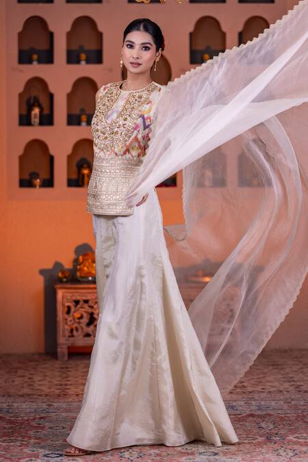 Buy_Nidhi Kejriwal_Cream Organza, Tissue, Ikat Pearl, Embroidered And Pattern Kurti Palazzo Set _Online_at_Aza_Fashions